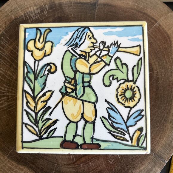 CEDOLESA Art Tile Made in Spain Man with Flute 6" x 6" Colorful Painted - Picture 1 of 8